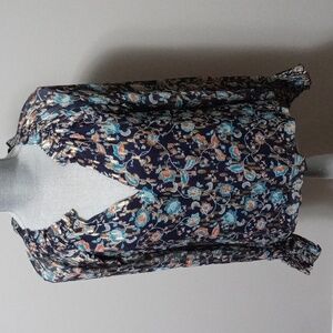 Ramy Brook Blouse Size small navy blue, gold, teal blue floral print. NWOT
